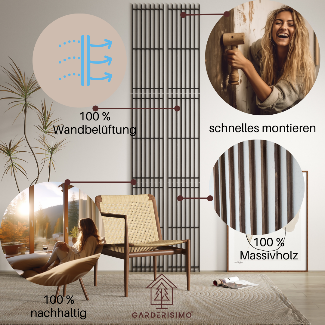 Wandpaneele aus Echtholz, Japandi, 6er Set, aschbraun