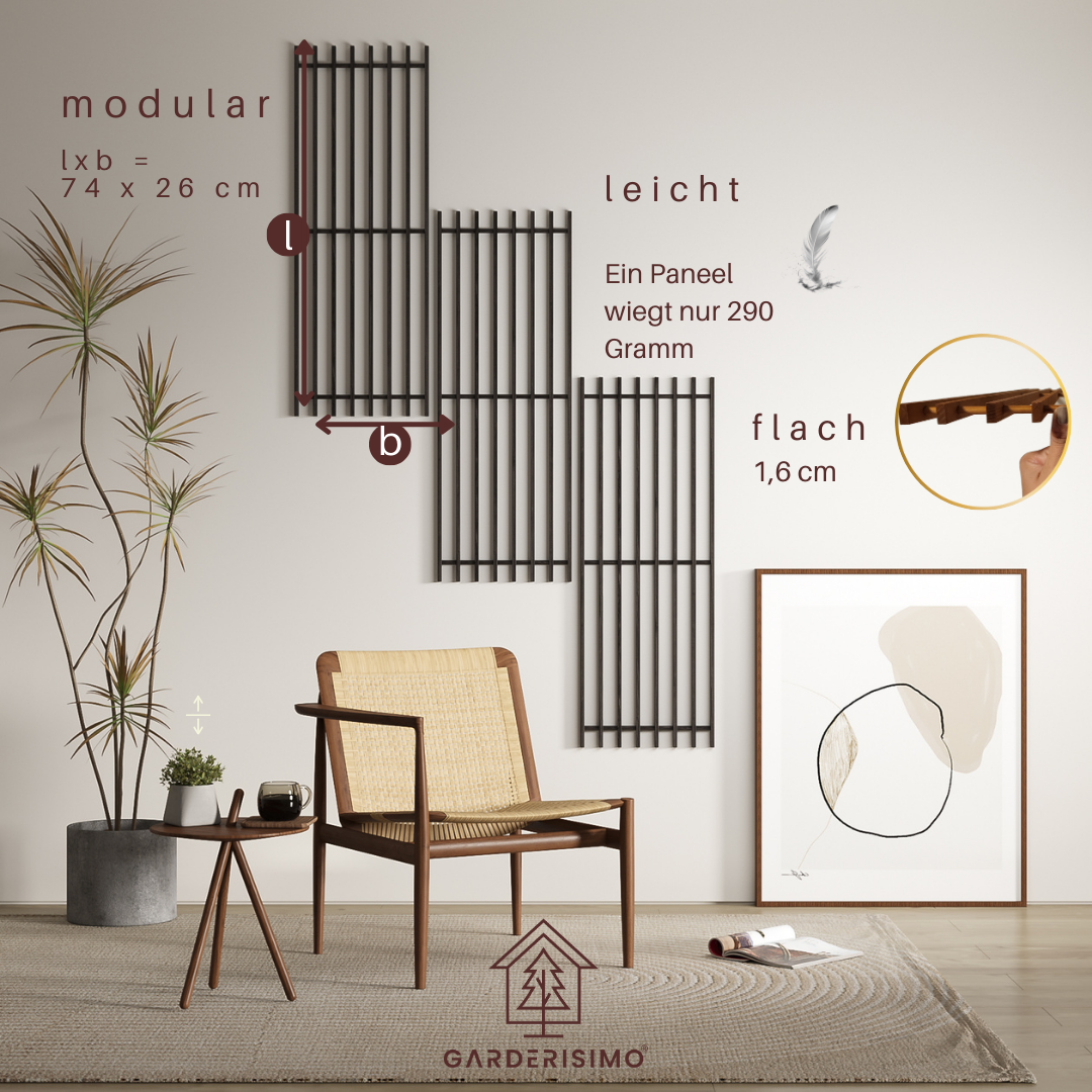 Wandpaneele aus Echtholz, Japandi, 6er Set, aschbraun