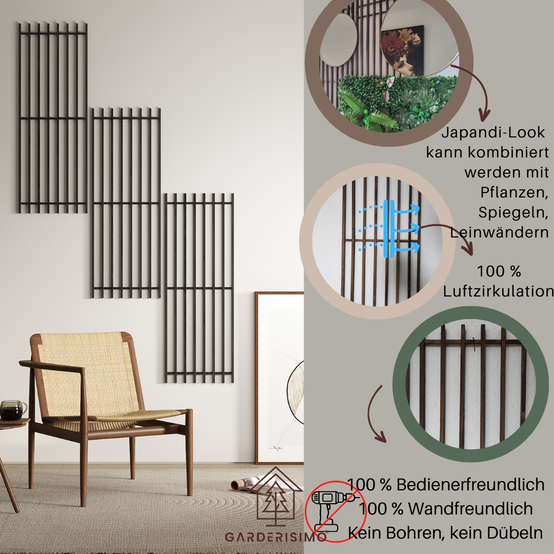 Wandpaneele aus Echtholz, Japandi, 6er Set, aschbraun