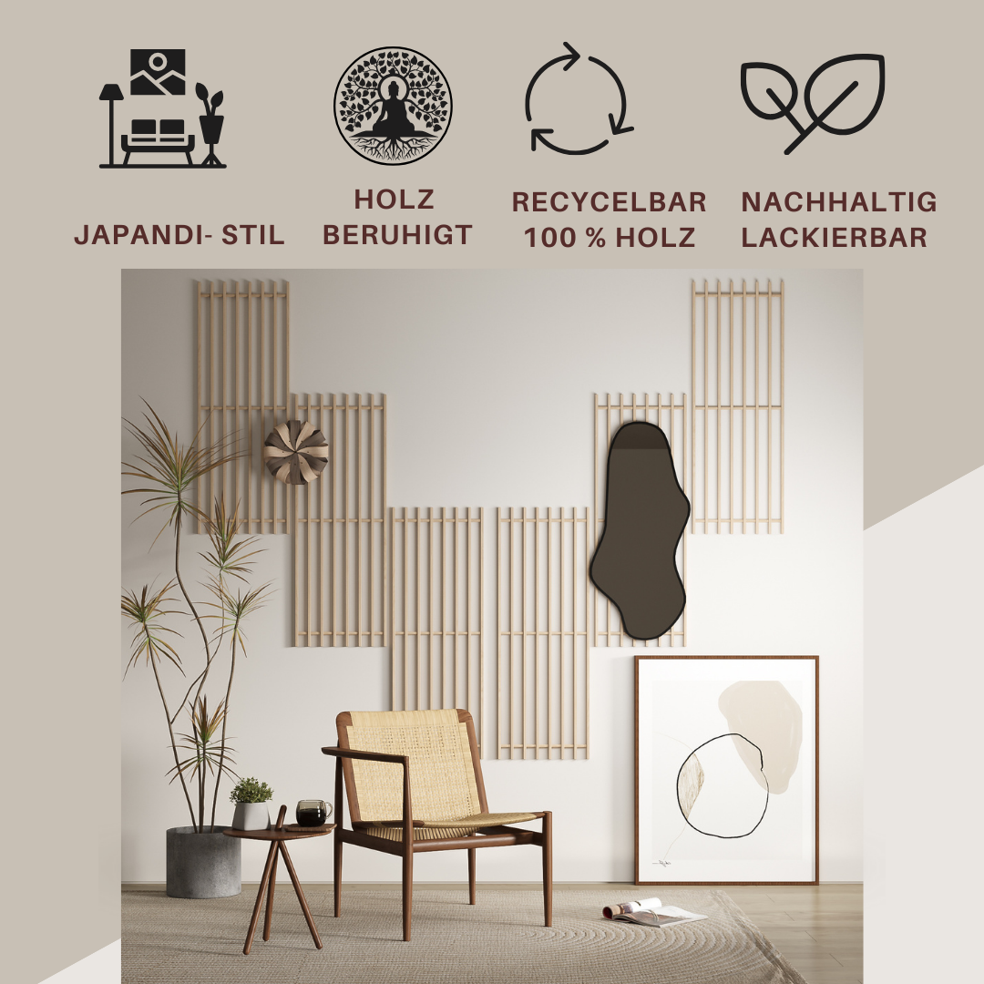 Wandpaneele aus Echtholz, Japandi, 6er Set, honigbraun