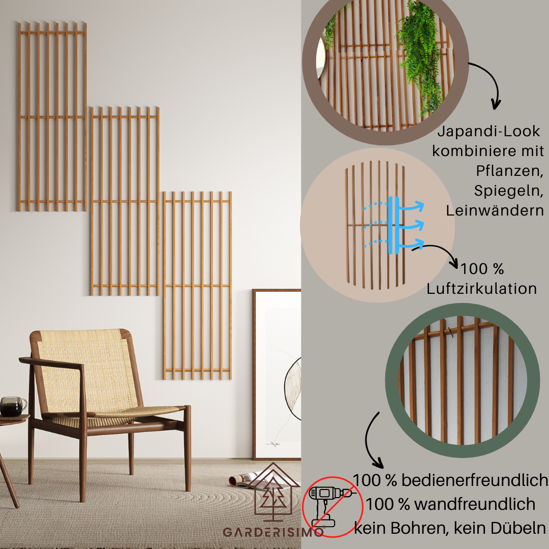 Wandpaneele aus Echtholz, Japandi, 6er Set, honigbraun