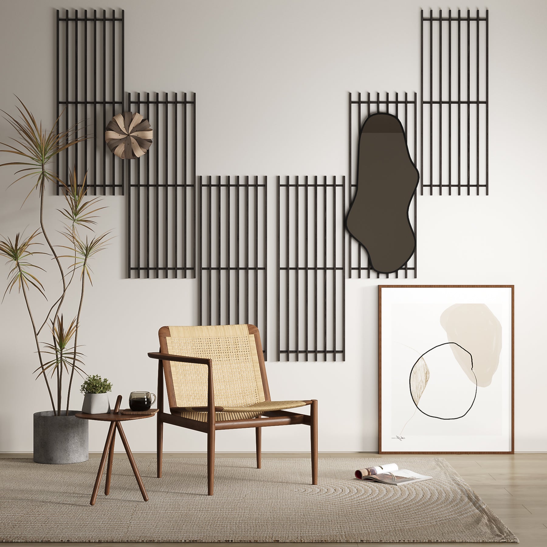 Wandpaneele aus Echtholz, Japandi, 6er Set, aschbraun